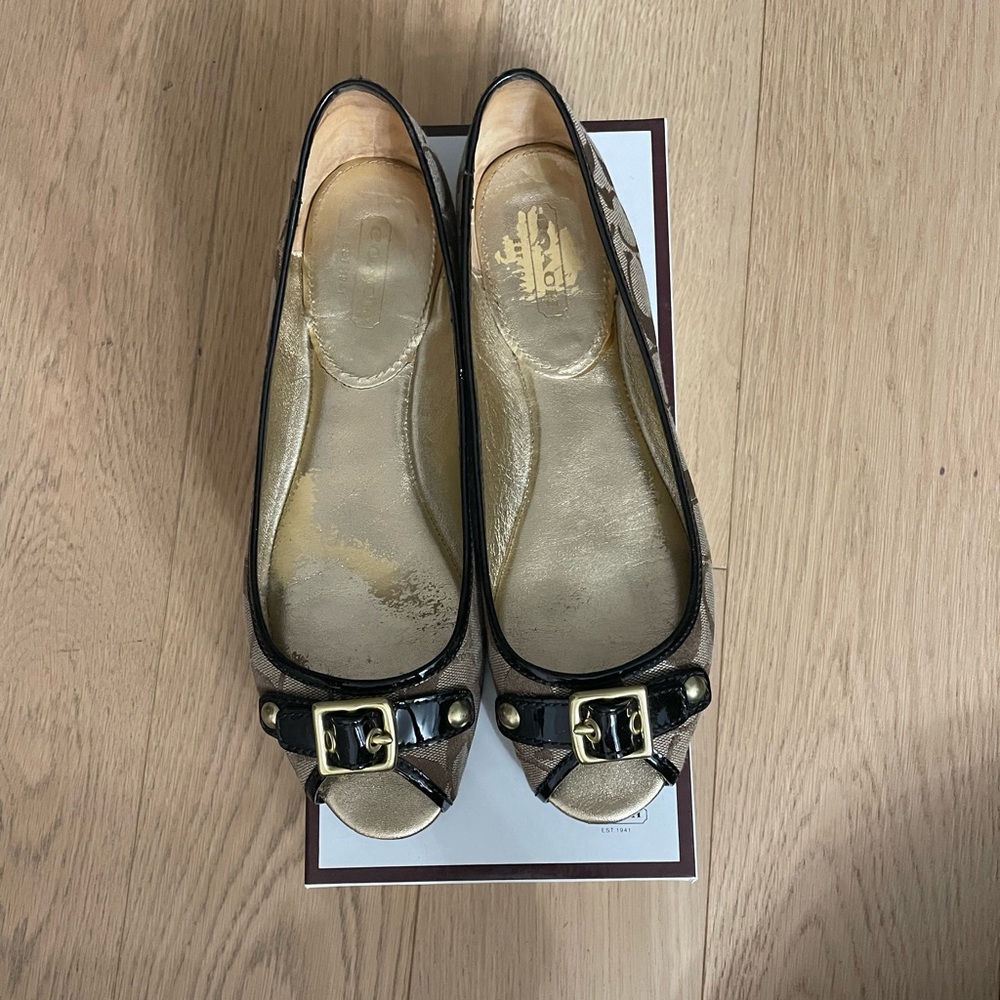 Coach Leana Logo Black and Gold Peep Toe Flats